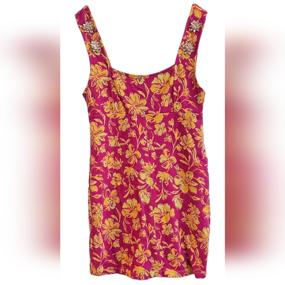 Zara-Jewel Jacquard Floral Pink and Yellow Sleeveless Mini Dress Semi- Open Back - Picture 2 of 9